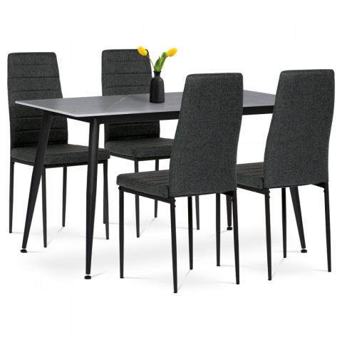 Jídelní set 1+4, stůl 130x70 deska slinutý kámen imitace šedý matný mramor, židle zelená látka, nohy černý lak 